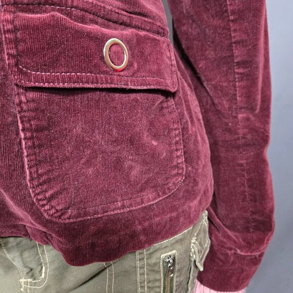 Y2K Lady Dutch Fitted Jacket Coat Size L Burgundy Corduroy Pink Knit Hooded - Picture 5 of 16